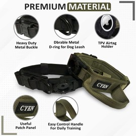 HEAVY DUTY !! CYEN Air Tag Dog Collar - Premium Tactical Woven Collar with Integrated AirTag Holder, Useful Patch Panel, D Ring, Control Handle, (GREEN, M)