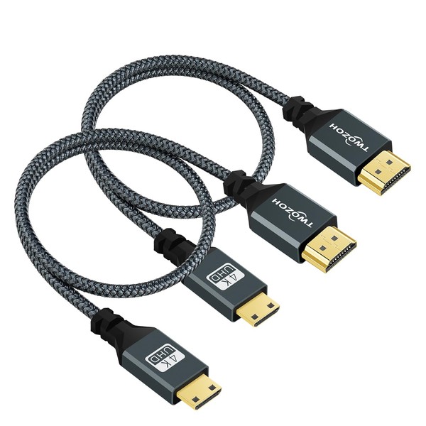 Twozoh Mini HDMI to HDMI Cable 0.3M 2 Pack, Nylon Braided HDMI to Mini HDMI Support 3D/4K@60Hz 18Gbps/2160P/1080P for Nikon/Canon DSLR, Camcorder, Laptop, Tablet and Graphics/Video Card