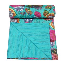 Marubhumi Indian Handmade Stitched Pure Cotton Fruit Print Kantha Quilt, Reversible Kantha Quilt (C Green, Twin (60"x 90"))