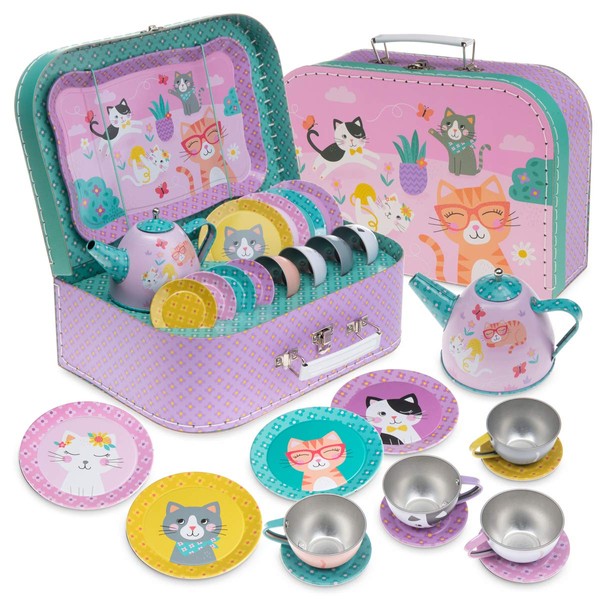 Jewelkeeper Tea Set for Little Girls - 4 Sets Kids Tin Tea Party with Cups, Saucers, Plates & Serving Trays - Toddler Princess Tea Time Pretend Play - Cat Design Picnic Toy - Girls Birthday Gift