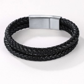 U7 Mens 2-Layer Black Braided Leather Bracelet Bangle Wristband with Stainless Steel Clasp, Length 8.3"