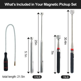 3-Pack Magnetic Pickup Tools 15 & 3.5 LB Retrieving Telescoping Retrievers and Bendable Spring Magnet Stick Ideal for Mechanics, DIY, Car, Workshop, Home Use