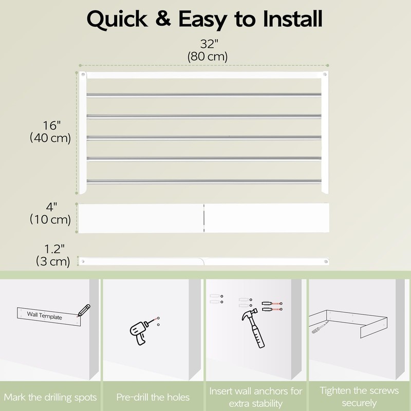 Vikaqi Wall Mounted Clothes Drying Rack 32", Foldable Wall Mount