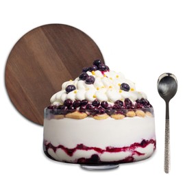 Elomere Large Trifle Bowl with Lid (130oz) - Silver Serving Spoon & Acacia Wood Lid - Trifle Bowl Glass, Glass Salad Dish, With Pedestal - Truffle Dish for Layered Desserts, Fruits, Salads, Punch