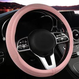LKWLIKEI Car Steering Wheel Cover, Universal 15 inch, The Latest Microfiber Leather Breathable Technology Fabric, Non-Slip, Comfortable, Warm in Winter and Cool in Summer,Pink