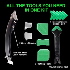 Tisanker Caulk Remover and Finishing Tool Set – Metal Caulk Scraper with Replaceable Sharp and Serrated Blades, 5 Replaceable Silicone Finishing Pads, 3 Silicone Finishing Tools, DIY Home Repair Kit