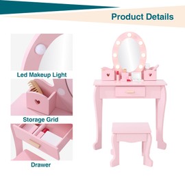 Garvee Kids Vanity Set, Pretend Play Girls Vanity Table and Chair Set with Lighted Mirror, Stool, and Wood Makeup Playset, Pink