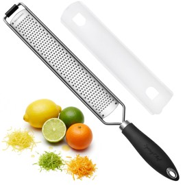 Spring Chef Stainless Steel Lemon Zester Grater with Handle - Garlic, Cheese, Parmesan, Nutmeg, Lime, Ginger Grater - Heavy Duty Kitchen Tool - Citrus Zester with Blade Cover - Fine Shred - Black