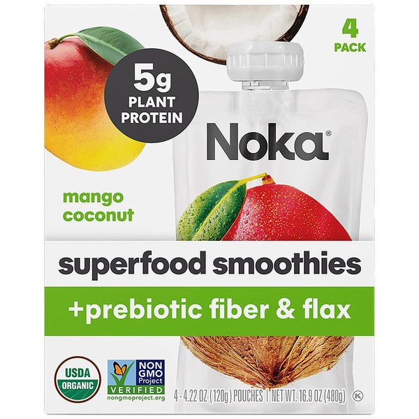 Noka Superfood Smoothie Pouches (Mango Coconut) 4 Pack, with Plant Protein, Prebiotic Fiber & Flax Seed, Organic, Gluten Free, Vegan, Healthy Fruit Squeeze Snack Pack, 4.22oz Ea