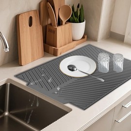 MCSDFN Silicone Dish Drying Mat with Drain Lip, Non-Slip Draining Mat for Kitchen Counter or Sink, Heat Resistant Dish Drying Pad - 17"x13"