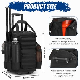 SunForMorning Baseball Bucket Bag with Wheels Baseball Coaching Accessories Organizer Tactical Style Softball Bucket Bag with Multiple Pockets for Bat, Gloves and Other Accessorie, Black