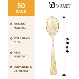 YOUBET 50Pcs Gold Glitter Plastic Spoons - Heavy Duty Plastic Spoons - Heavyweight Gold Glitter Disposable Silverware for Party & Dinners & Wedding