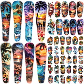 48 Sheets Full Arm Temporary Tattoos for Adults - Waterproof Tropical Summer Beach Party Fake Tattoo Stickers - Hawaiian Floral Palm Sunset Designs for Women Men