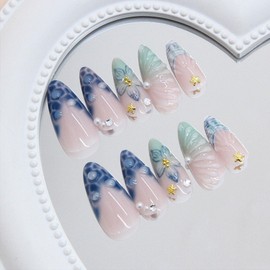 24 Pcs Light Green French Tip Press on Nails Medium Almond Nude Fake Nails False Nails with 3D Flower Design Full Cover Reusable Acrylic Nails Press ons Almond Nail for Women