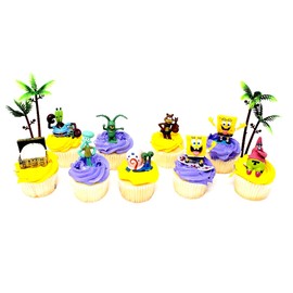 Spongebob SquarePants 11 Piece Birthday Cupcake Topper Set Featuring 2" to 3" Cupcake Toppers of Squidward, Sandy Cheeks, Patrick Star, Mr. Krabs, Plankton, Gary and Other Decorative Themed Accessories
