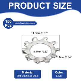 PATIKIL M8 External Tooth Lock Washer, 150Pcs 304 Stainless Steel Serrated Locking Washer Assortment Kit for Mechanical Equipment Retaining Clips Fasteners, Silver