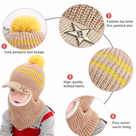 Kids Knitted Hats Earflap Hood Scarf Set Winter Thick Cozy Fleece Lining Beanie Caps with Neck Warmer Unisex Windproof Crochet Hat Set Skiing Cycling Snowboard Cap for 2-6Y Boys Girls Toddler Coffee