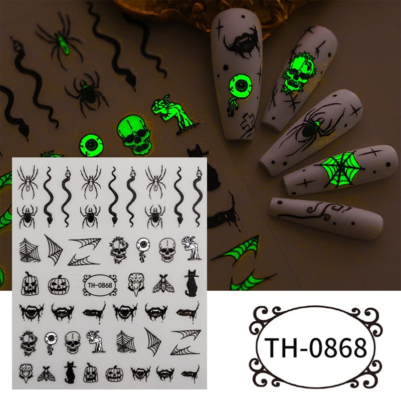 Unikato Halloween Nail Stickers, Nail Parts, 6 Sheets, Fluorescent Stickers,