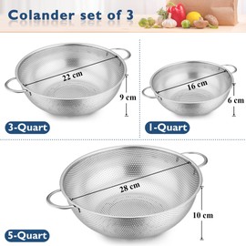 Herogo Colander Stainless Steel Set of 3, Micro-Perforations Colanders with Handle, Metal Kitchen Strainer for Draining/Straining/Cleaning Vegetable/Pasta/Rice/Fruit, 1/3/5 Quart, Dishwasher Safe