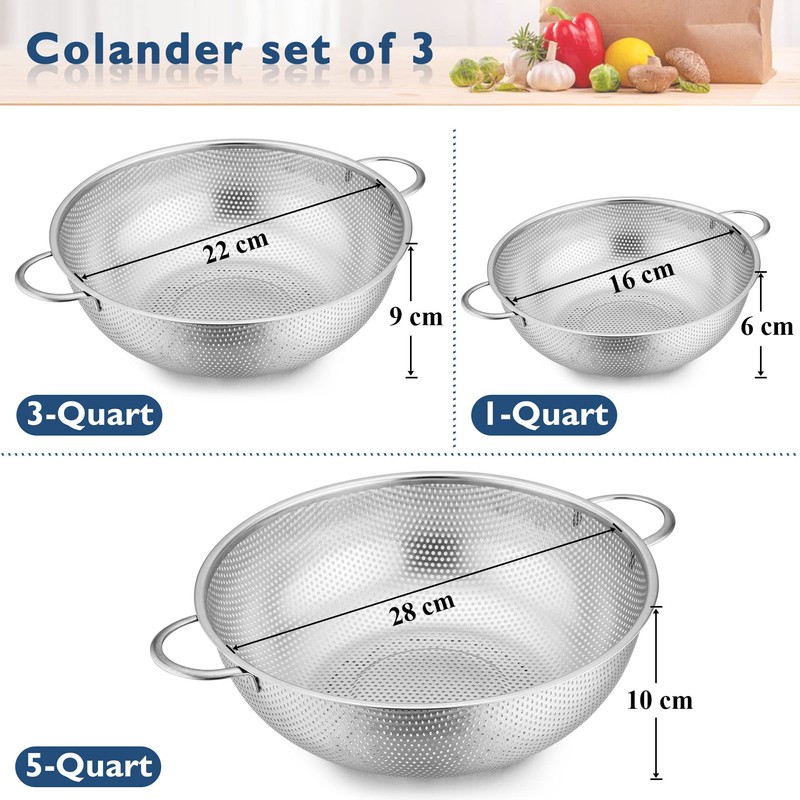 Herogo Colander Stainless Steel Set of 3, Micro-Perforations Colanders with