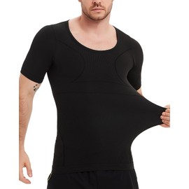 PODFAN Mens Gynecomastia Compression Shirts Short Sleeves, Slimming Undershirts, Shapewear Tank Top(Black,X-Large)