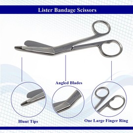 Lister Bandage Scissors 7.25" One Large Finger Ring, Nurse Vet Tech Gift - Made of Stainless Steel - First Aid, Used For Cutting Gauze, Tape, Clothing Bandages, Vet Wrap Adhesive Removal, Silver