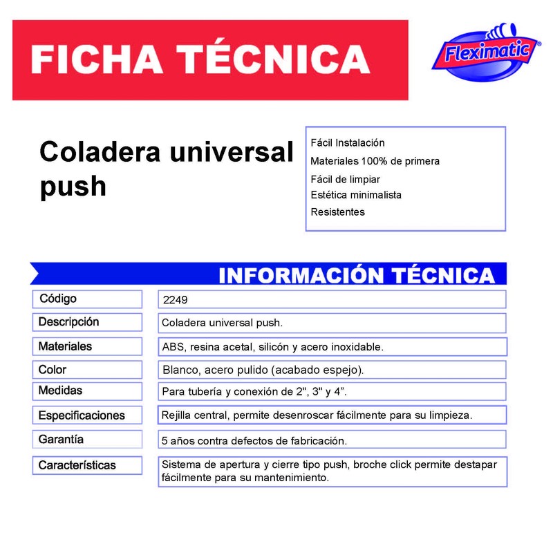Fleximatic 2249 Coladera Universal Sistema Push Button, para conexión a