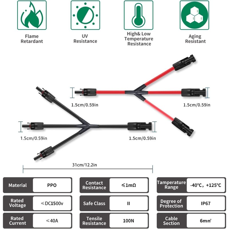 GTIWUNG 1 Pair Solar Cable Y Splitter Solar Panel Cable