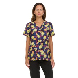 COCO BRANDS Womens Scrubs - Looney Tunes Tweety, Tom & Jerry Medical Top (S-XXL), Size X-Large, Black Plaid/Tweety