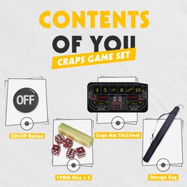 iEsstros Craps Table Top Set Craps Mat 70" x 35" Craps Table Mat Craps Table Top Mat with 5 Craps Casino Craps ON/Off Poker Button Storage Bag Craps Game Layout-Black