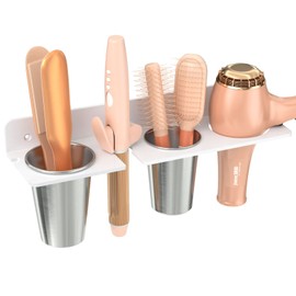 HIIMIEI HIIMIEI Acrylic Hot Tool Holder, Wall Mount, White, 2 Cups, Bathroom Storage for Flat Iron, Blow Dryer, Curling Wand, Hair Straighteners, Brush