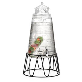 Elegant Home Embossed Lighthouse Ice Cold Clear Glass Beverage Drink Dispenser Glass On Metal Stand 1.5 Gallon With Lid, Spigot & Flavor Capsule For Outdoors, Parties & Daily Use