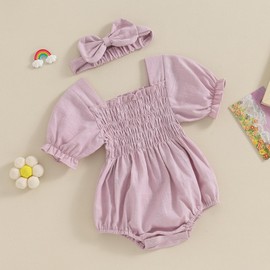 Ursobutegl Infant Baby Girls Romper Ruffle Sleeve Pleated Smocked Bubble One Piece Ruched Jumpsuit Boho Summer Bodysuit(Purple, 0-3 Months)