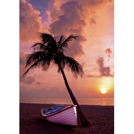 Painting Wallpaper Poster (Removable Self-stick) Sunrise Beach Palm Tree And Boat Caribbean The Bad Sea Character Black BCH – 047 a1 (A1 Edition 585 mm × 830 mm) For Architectural Wallpaper + Weather Resistant Paint