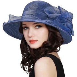Women's Organza Kentucky Fascinator Hat Derby Cloche Bowler Hat Cocktail Tea Party Wedding Sun Hat Navy