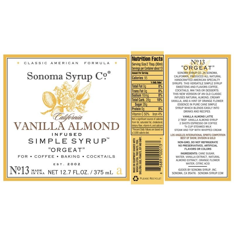 Sonoma Syrup Co Vanilla Almond Simple Syrup 12.7 Fl Oz