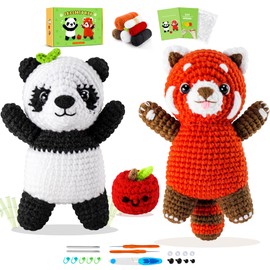 Panda Crochet Kit for Beginners Adults Kids Knitting Kit Red Panda with Instruction Pandas Knitting Kit Animal Crochet Knitting Set Animal Kit Crochet Starter Kit Complete Set (Black Red)