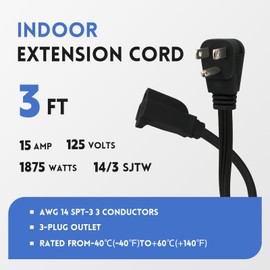 Zorky 3 ft Flat Plug Black Extension Cord，14/3 SPT-3 Heavy Duty Appliance Extension Cord-Extension Cable with 3 Prong Grounded Plug for Safety - for Appliance,Refrigerator, Space Heater