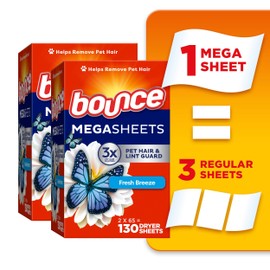 Bounce Mega Dryer Sheets, Fresh Breeze, 130 Count, Mega Fabric Softener Sheets with Static Control, Wrinkle Reduction, Extra Softness, Lasting Scent, Repels Lint