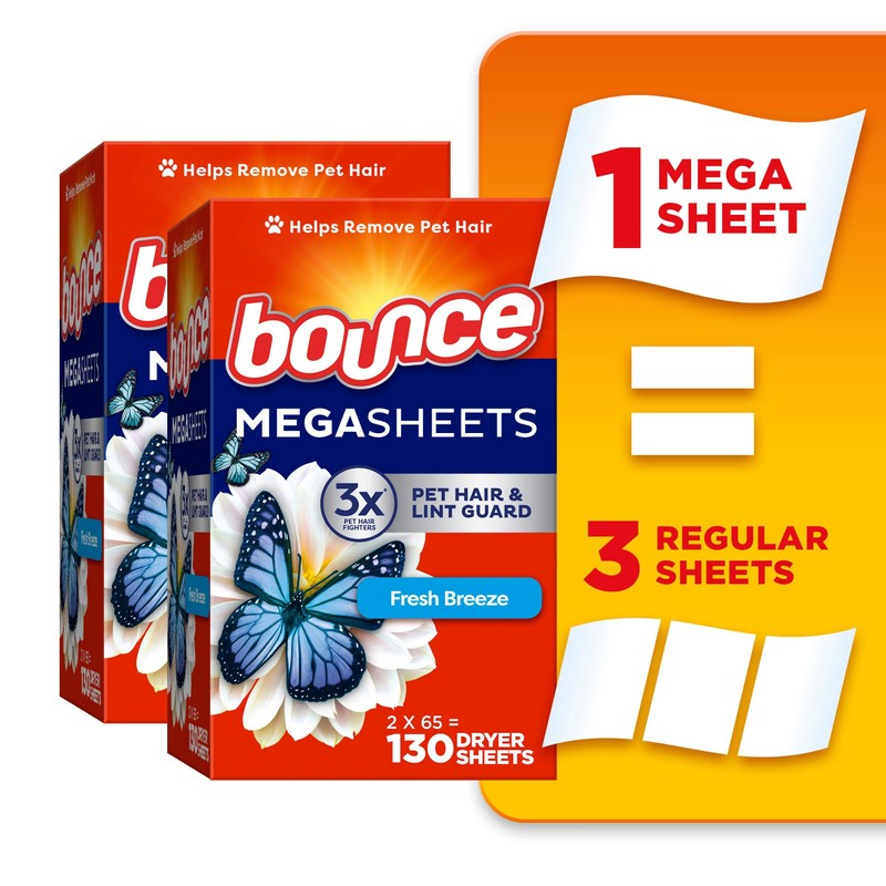 Bounce Mega Dryer Sheets, Fresh Breeze, 130 Count, Mega Fabric