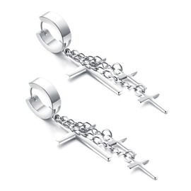 Pitmmord Punk Rock Cross Huggie Hoop Earrings Stainless Steel Long Dangle Drop Earrings(White)