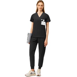 Nucabel Scrubs for Women Set, V-Neck Top & Cargo Jogger Pants, 9 Pockets, Yoga Waistband, Comfort Fit Nursing Uniform - M - Black