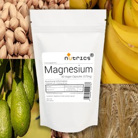 Nutrics® 375mg Elemental Magnesium - 100% NRV Vegan Magnesium Capsules x 90 V Capsules (1 Month Supply) - Suitable for Vegan Vegetarian Halal & Kosher Diet