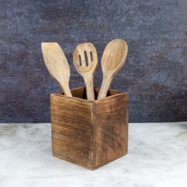 Samhita Mango Wood Burning Finished Kitchen Utensil Holder for Countertop, Utensil Holder Container for Kitchen Cooking Utensil. (12.7cm x 12.7cm x 15.24cm)