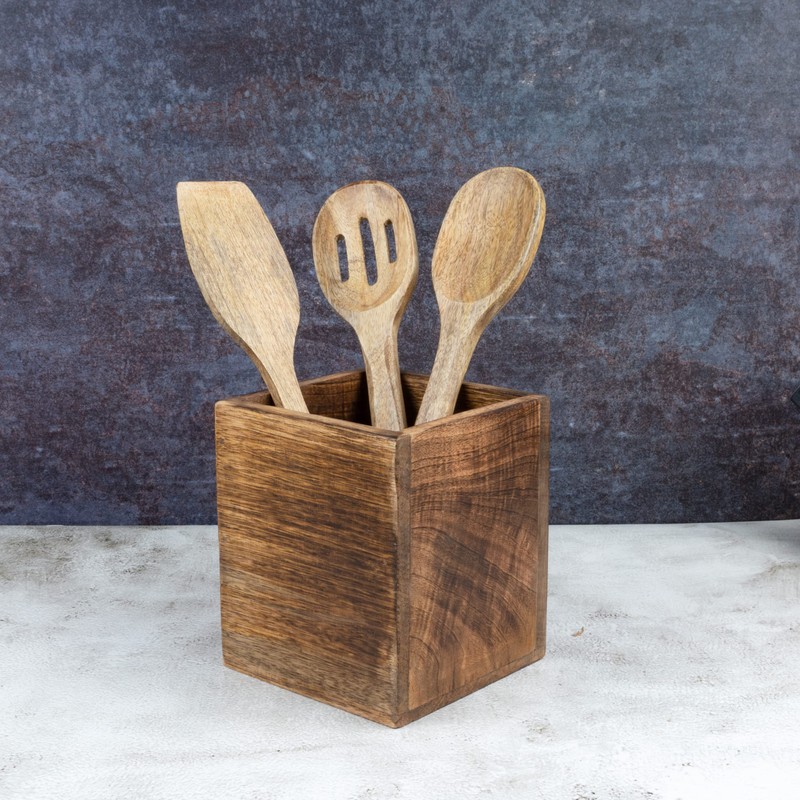 Samhita Mango Wood Burning Finished Kitchen Utensil Holder for Countertop,