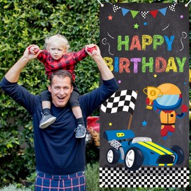 Car Racing Happy Birthday Backdrop Banner Cartoons Race Car Competition Theme Door Decor Exciting Racing Game Checkered Flag Kids Boys Birthday Party Favors Decorations Supplies 35.4x72.8in-BECKTEN