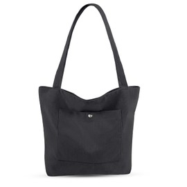 Dongawin Corduroy Tote Bag for Women Large Shoulder Bag with Zipper and Pockets for College School Work Travel Shopping. (black)