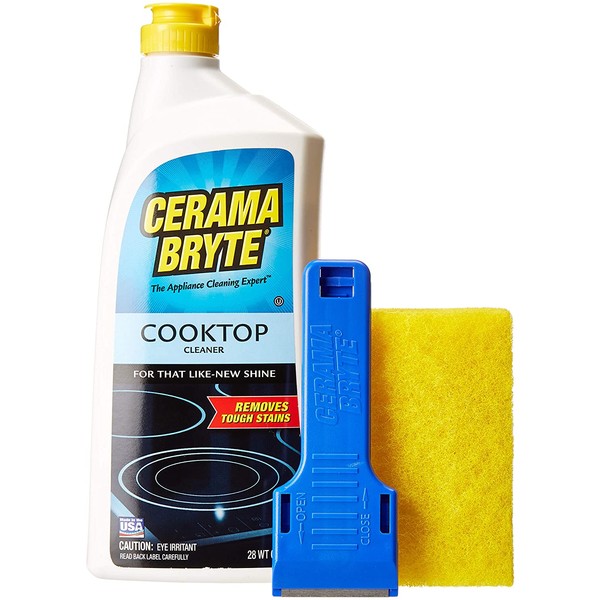 Cerama Bryte Ceramic Cooktop Cleaner (28 oz), Scraper and 5 Cleaning Pads Combo Kit