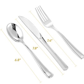 FOCUSLINE 160 Pack Silver Plastic Silverware Set, Plastic Flatware Set- 80 Silver Forks, 40 Silver Knives, 40 Silver Spoons, Heavy Duty Disposable Plastic Cutlery Set for Weddings, Parties, Dinners
