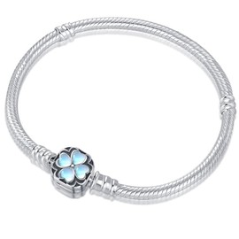 KEQ S925 Sterling Silver Snake Chain Bracelet Hearts Charm Bracelet for Women Teen Jewelry Bracelet Birthday Gift (Four-leaf clover, 6.3)
